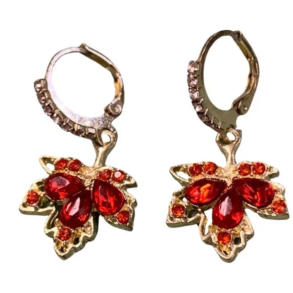 Autumn Leaves Small Earrings Gold Tone and Red - Picture 2 of 4